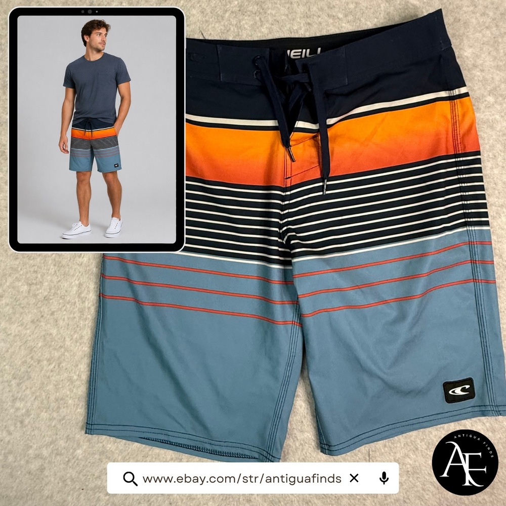 O'Neill Mens Board Shorts Blue Orange Striped Swim Trunks Size 29